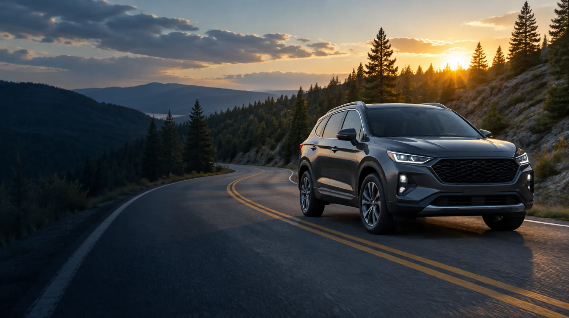 A new dark gray SUV on a winding road through pine-covered hills