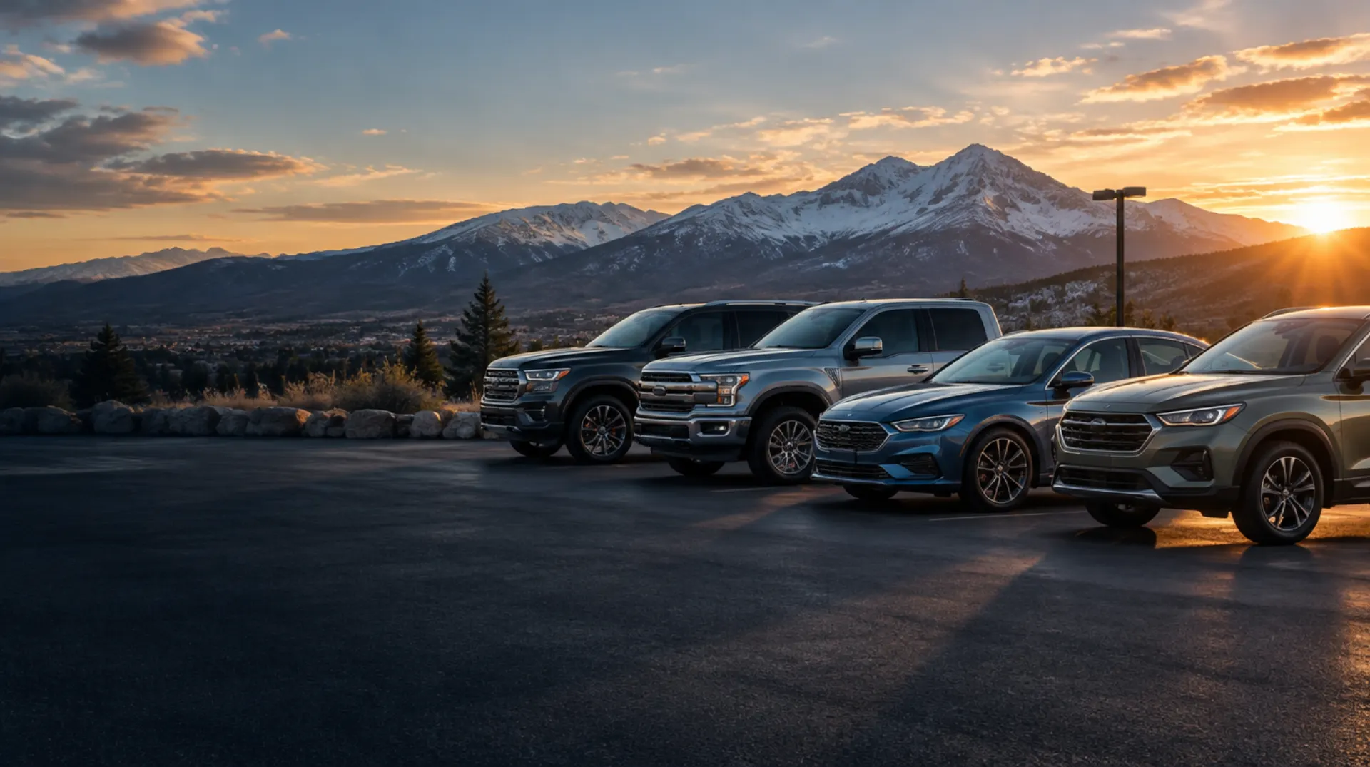A row of new SUVs, trucks and sedans